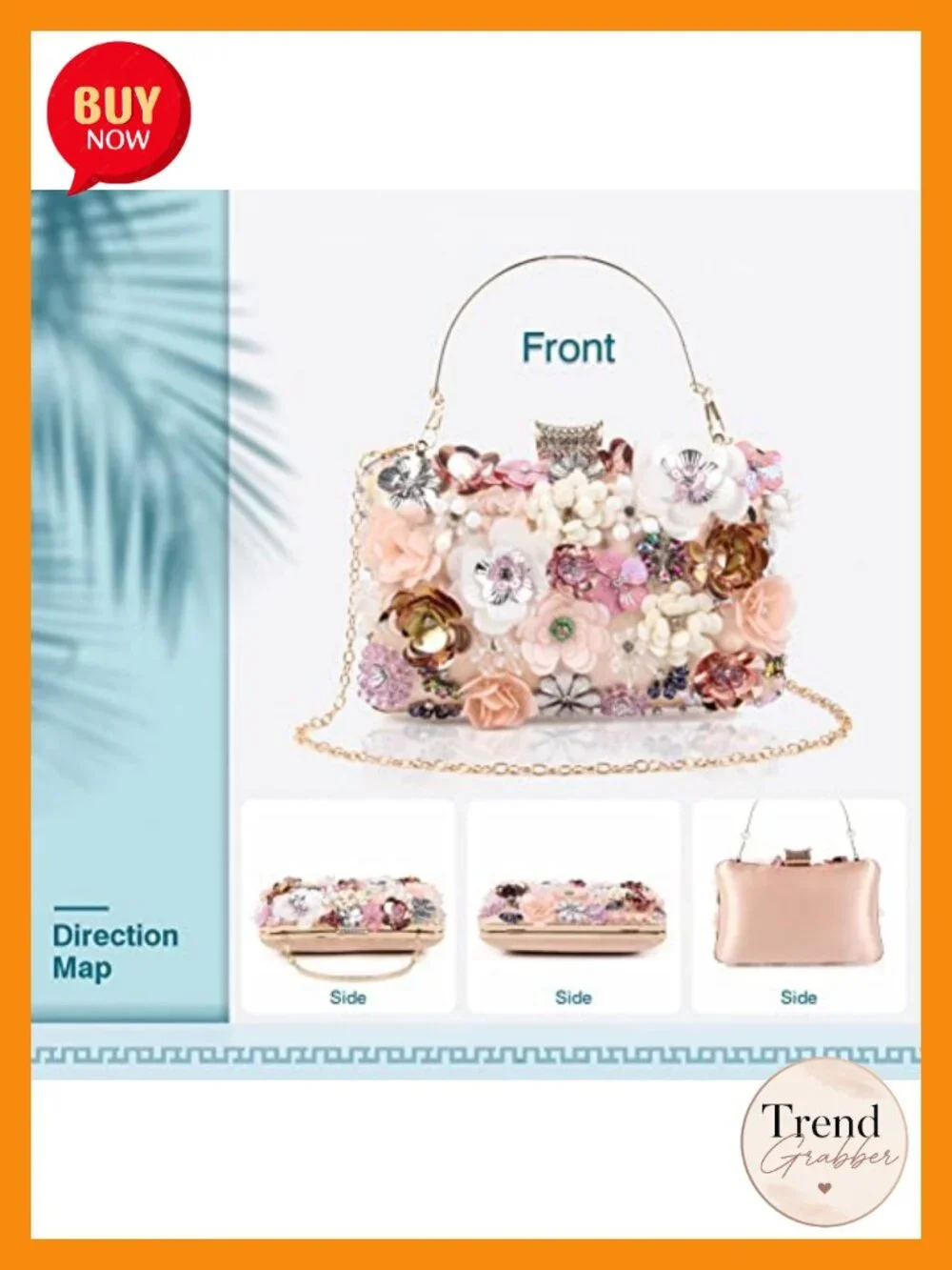 Flower Embellished Evening Clutch with Detachable Chain Strap